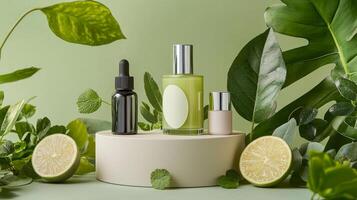 Green beauty products on a white pedestal with lime and lemons photo
