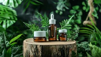 Essential oils on a tree stump with green plants photo