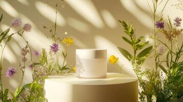 A white container with flowers on it in front of a wall of plants photo