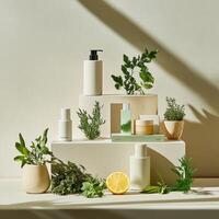 A display of products with herbs and lemons photo