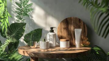 A table with a wooden bowl, soap, and other products photo
