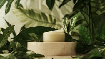 A candle sitting on top of a marble pedestal surrounded by green plants photo