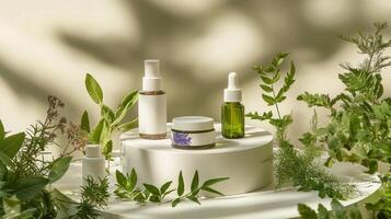 A white table with various products including a bottle of oil and a jar of lotion photo