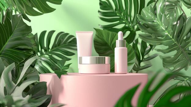 A pink container with cosmetics and a green plant photo