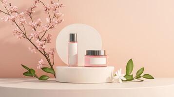 A bottle of perfume and a branch of cherry blossom photo