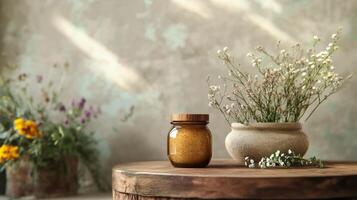 A jar of honey and flowers on a table photo