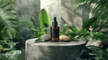 A bottle of essential oil sits on a stone pedestal surrounded by plants photo