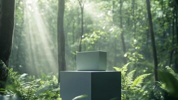 A cube sitting in the middle of a forest photo