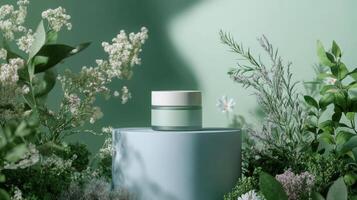 A jar of cream surrounded by plants and flowers photo