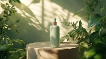A bottle of perfume sitting on a wooden stand surrounded by plants photo