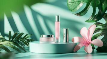 Beauty products on a table with tropical plants photo