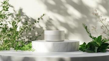 A white container sitting on a table with plants photo
