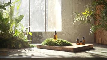 A wooden table with bottles of essential oils and moss photo