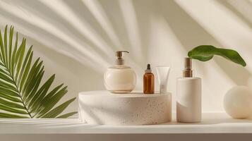 A white table with various cosmetic products photo