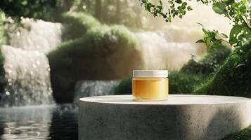 A jar of honey sitting on a stone ledge in front of a waterfall photo