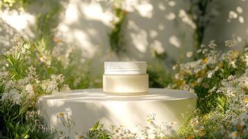 A jar of cream sits on a white pedestal surrounded by flowers photo