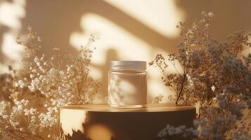 A bottle of medicine sits on a table in front of some flowers photo