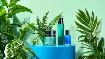 A blue pedestal with three bottles of perfume and plants photo