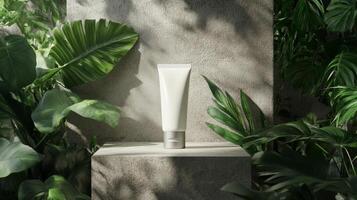 A tube of cream sits on a stone wall surrounded by plants photo