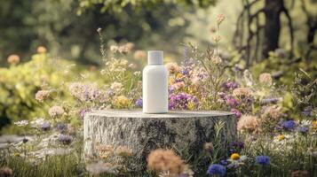 A bottle of lotion sits on a stump in a field of wildflowers photo