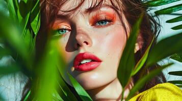 A woman with bright red eyes and green hair is posing in front of green leaves photo
