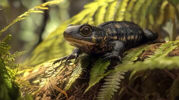 A lizard is sitting on a log in the forest photo