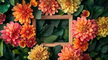 Colorful flowers and leaves surround a frame with an empty frame photo