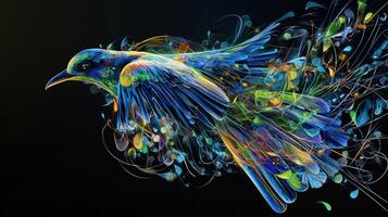 A colorful bird flying in the air with colorful swirls photo