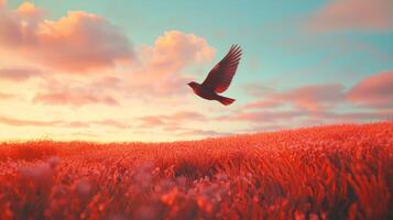 A bird flying over a field of grass photo