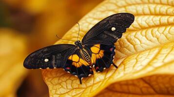A black and yellow butterfly sits on a yellow leaf photo