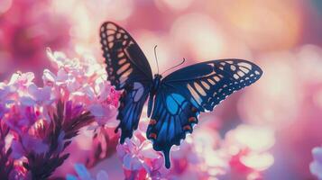 A butterfly is sitting on a pink flower photo