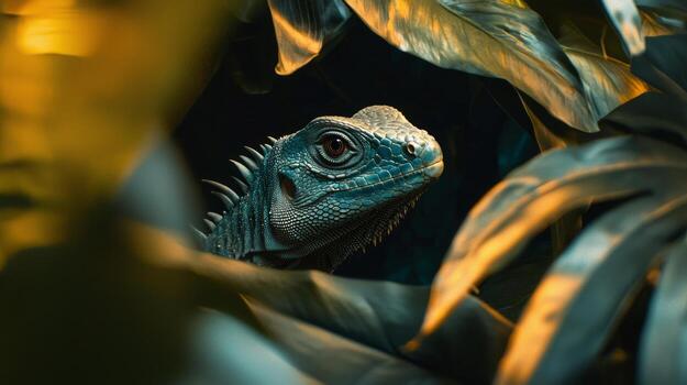 An iguana is peeking out from behind leaves photo