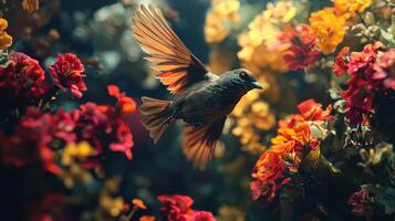 A bird flying through a field of flowers photo
