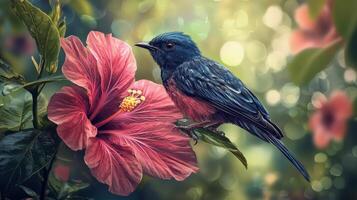A blue bird is perched on a pink flower photo