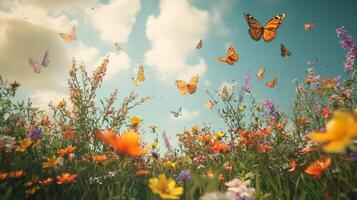 Butterflies flying over a field of flowers photo