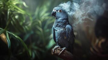 A blue parrot with smoke coming out of its beak photo