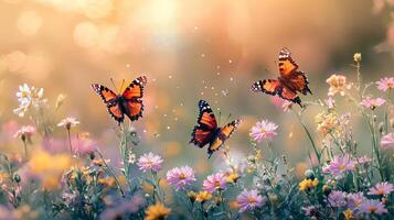 Butterflies in a field of flowers with sun shining photo
