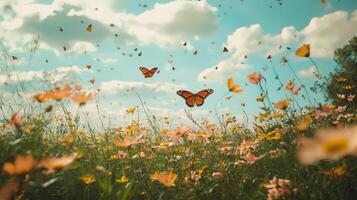 Butterflies flying over a field of flowers photo