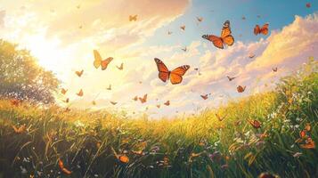 Butterflies flying in the sky over a field of grass photo