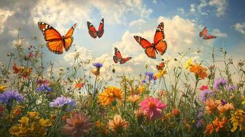 Butterflies flying over a field of flowers photo