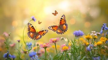 Two butterflies flying over a field of flowers photo