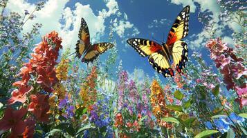 Two butterflies are flying over a field of flowers photo