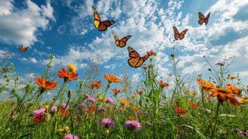 Butterflies flying in a field of flowers photo