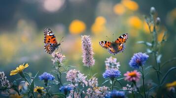 Two butterflies are sitting on some wild flowers photo