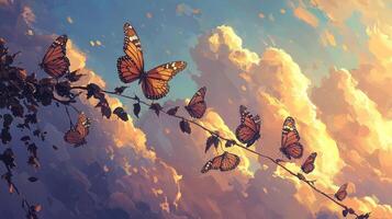 Butterflies flying in the sky with clouds in the background photo