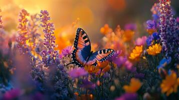 A butterfly is flying through a field of flowers photo