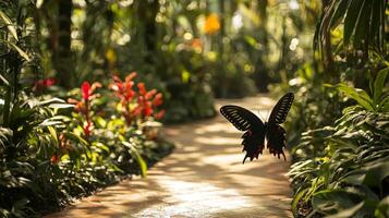 un negro mariposa volador en un camino mediante un tropical jardín foto