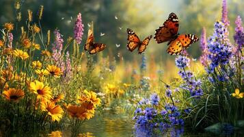 Butterflies flying over flowers and grass in a field photo