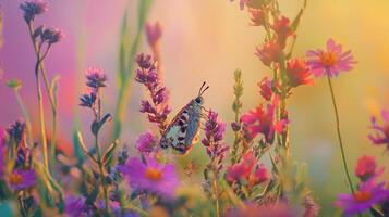 Butterfly in a field of flowers with a sunset background photo