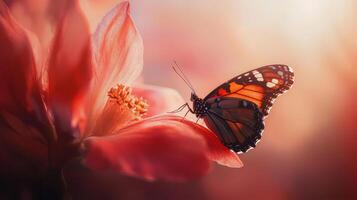A butterfly is sitting on a red flower photo